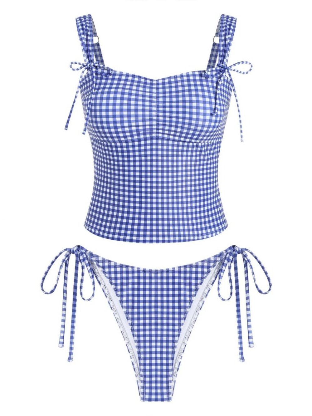 ZAFUL Blue White Gingham Ruched Bowknot Tankini Set Women XL Tummy Control NWT